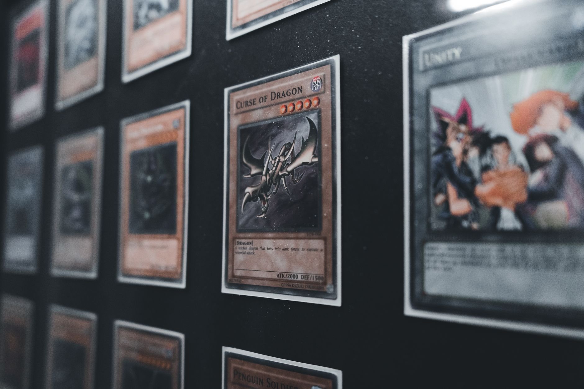 Rare trading cards in a display case